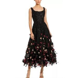 NEW Mag Duggal Sequin Floral Appliqué 3D FlowersBlack Midi Dress Size 10
